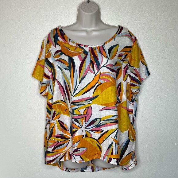 Tahari Linen Tropical Fruit Lemon Lime Top Short Sleeve Round Boat Neck Women 1X - Picture 10 of 10